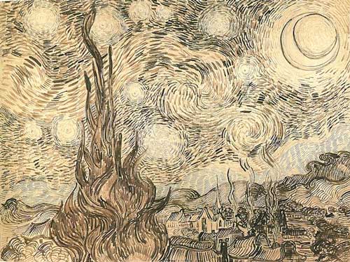 A line drawing of The Starry Night